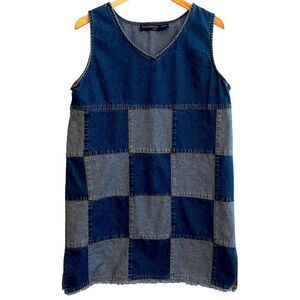 Kyoto Kasuals Patchwork Denim jean dress Sz L (women) fringe / two tone vintage